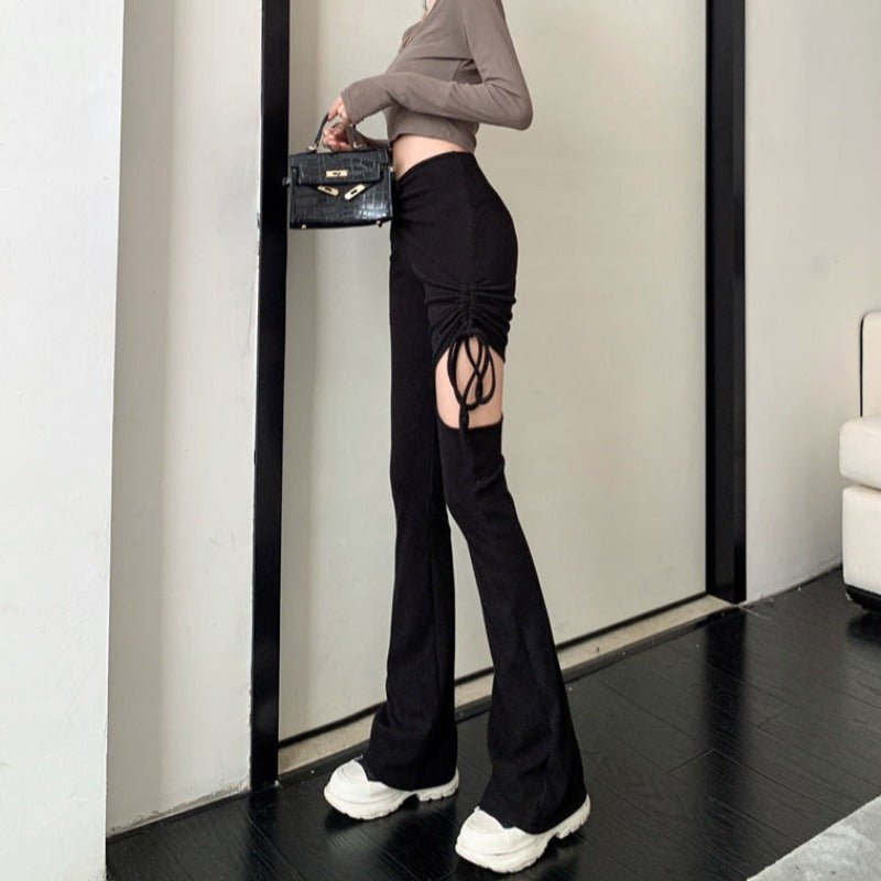 Slim Knit Lightweight Pants with Asymmetric Ruched Cut-Out - nightcity clothing