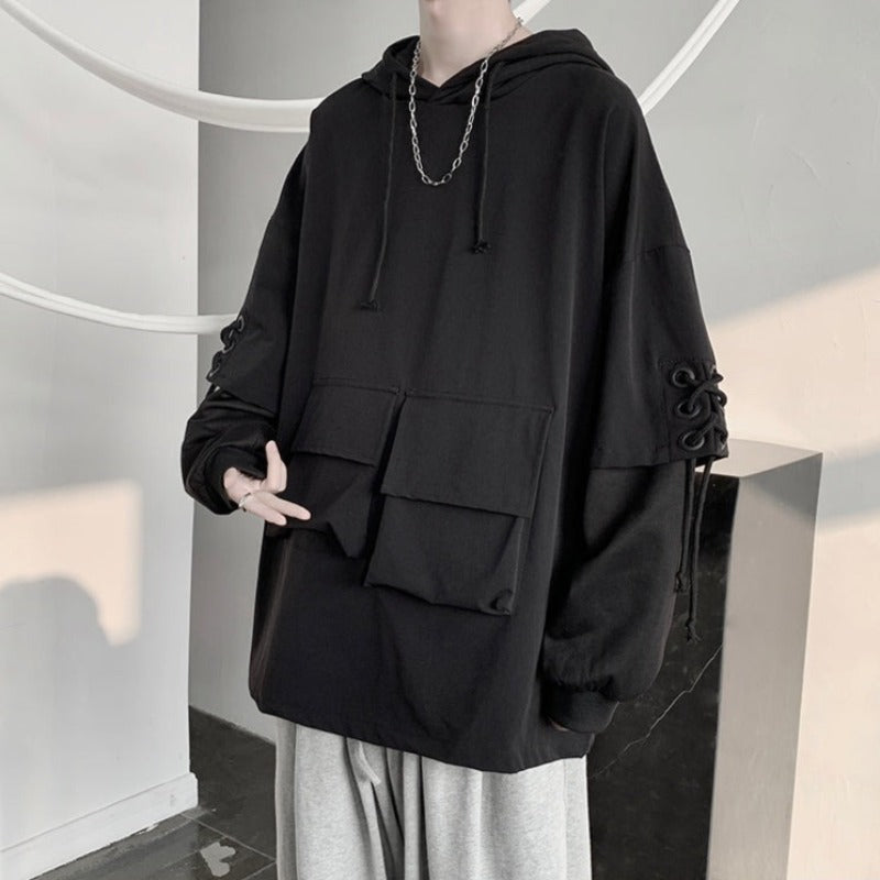 Slim Mock Layer Drawstring Sleeve Lightweight Hoodie - nightcity clothing