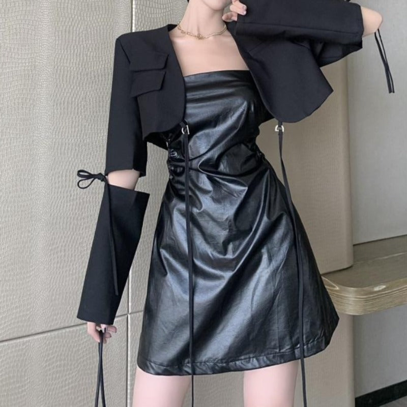 Cropped Rounded Blazer with Elbow Cut-Outs and Faux Leather Sling Dress Two-PIece Set - nightcity clothing