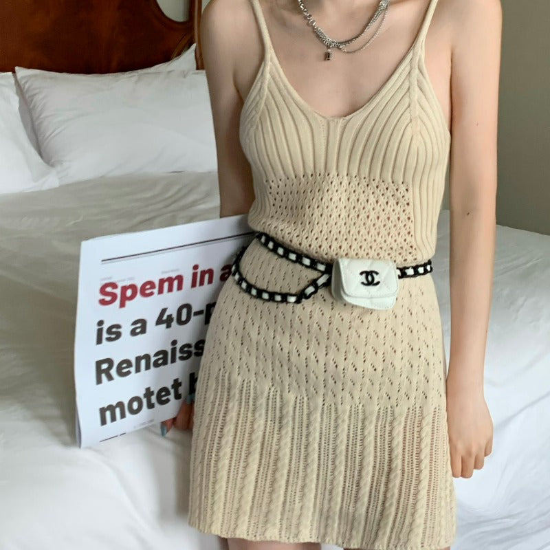Ribbed Open Crochet Spaghetti Strap Mini Dress