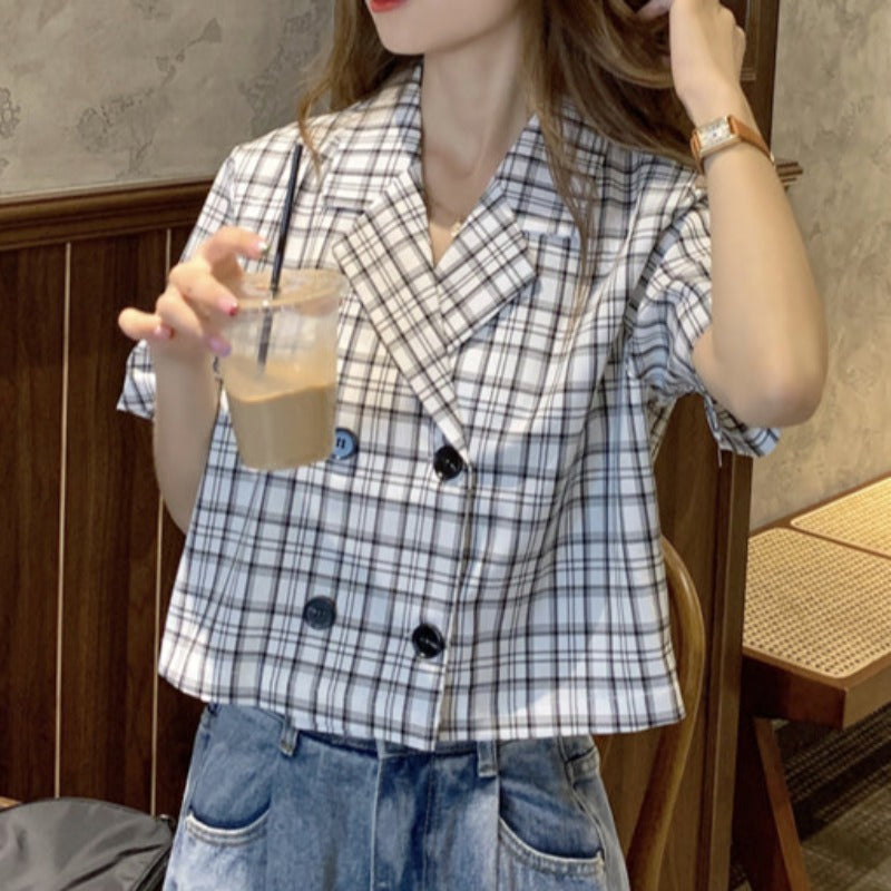 Cropped Plaid Lapel Top - nightcity clothing