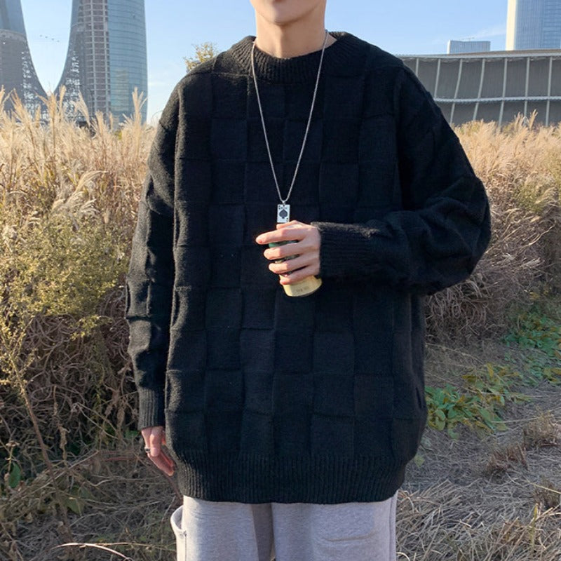 Textured Grid Crew-Neck Pullover - nightcity clothing