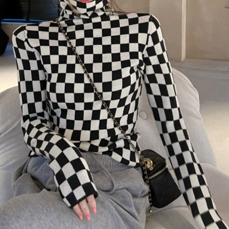 Slim High Neck Checkerboard Long Sleeve Top - nightcity clothing