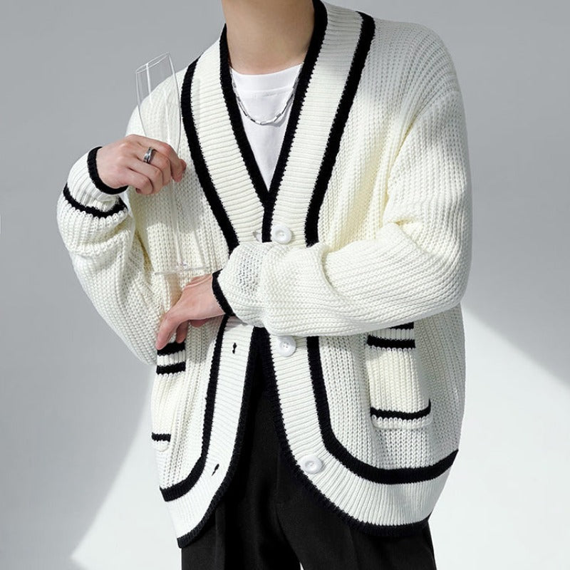 Slim Knit Cardigan with Striped Hem - nightcity clothing