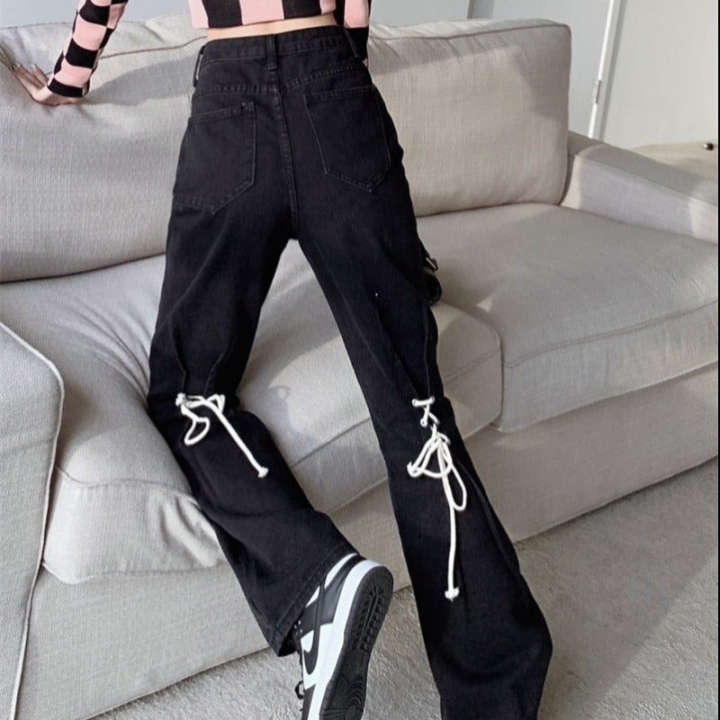 Rear Leg Drawstring Semi Flare Denim Jeans - nightcity clothing