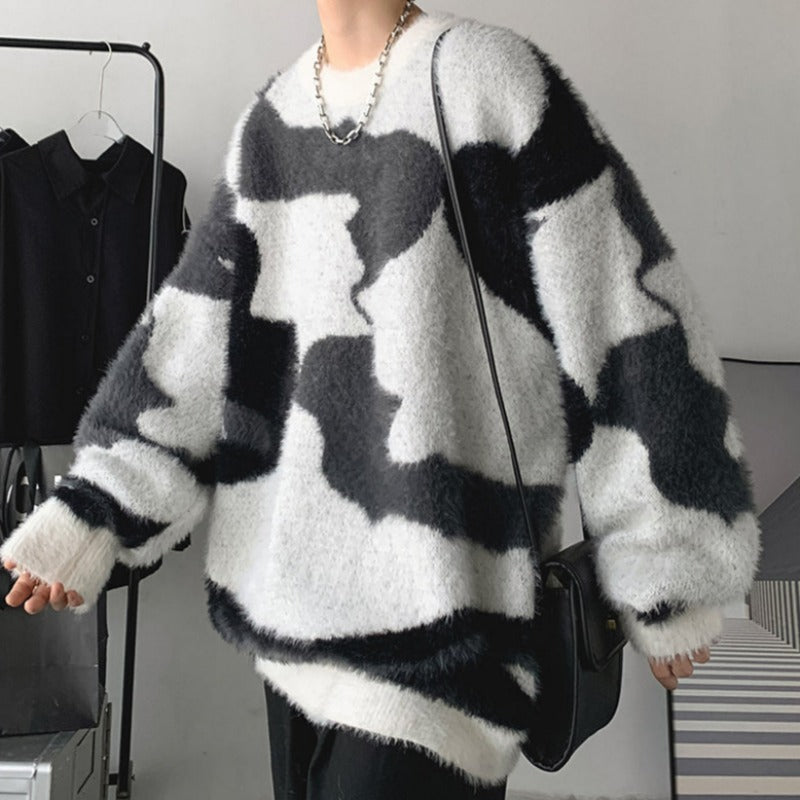 Abstract Print Oversized Fuzzy Sweater