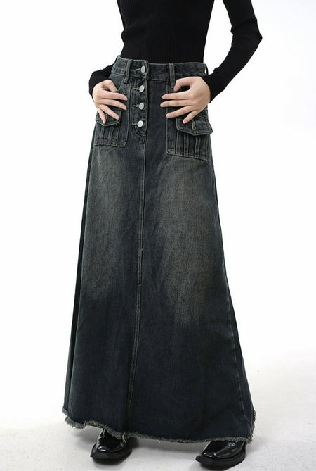 Distressed Hem Faded Maxi Denim Skirt - nightcity clothing