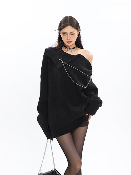 Asymmetric Off Shoulder Knit Long Top with Chain Accessory