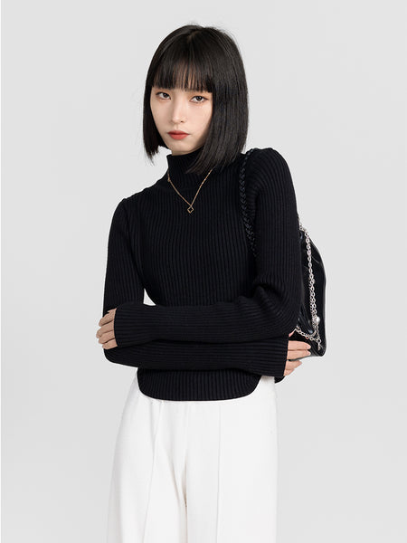 Ribbed U Shaped Hem High Neck Top