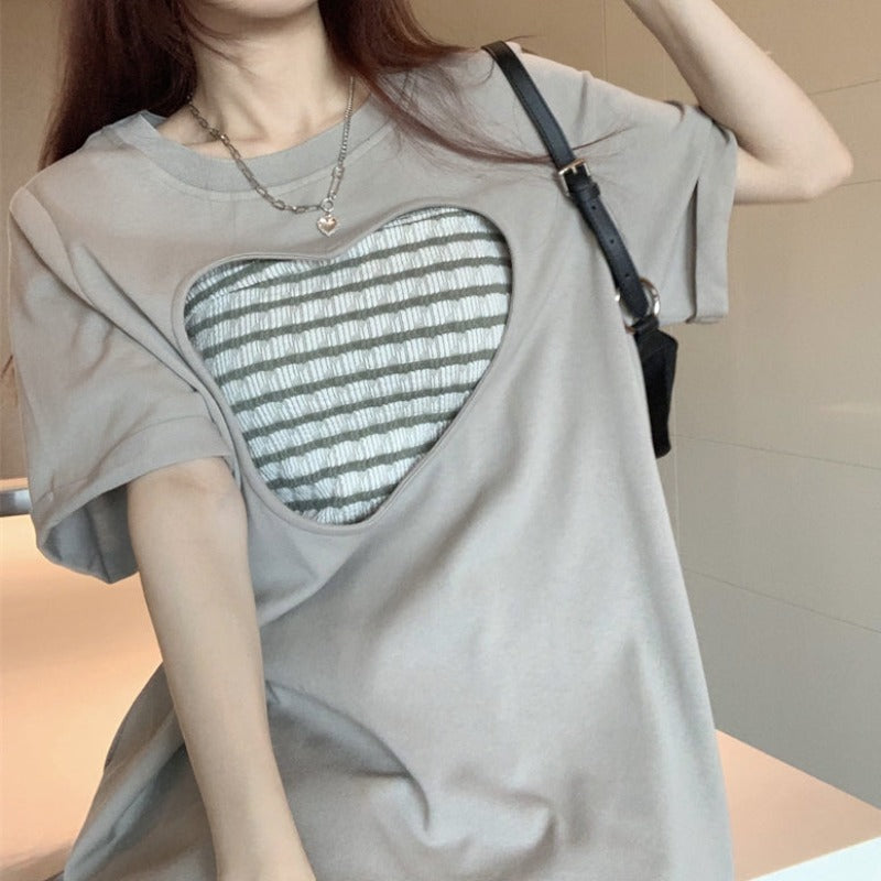 Stripe Tube Top and Heart Shape Cutout Shirt Two-Piece Set - nightcity clothing