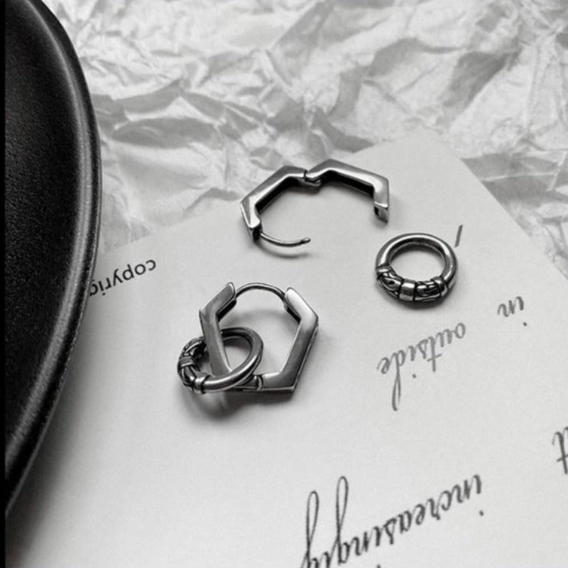 Embossed Hexagonal Earrings with Hoop Pendant - nightcity clothing