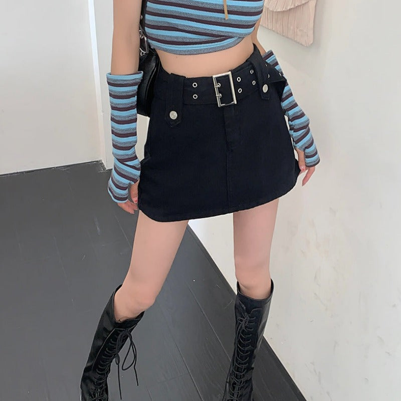 Throwback Thrills Belted Denim Mini Skirt (Light Denim) · NanaMacs