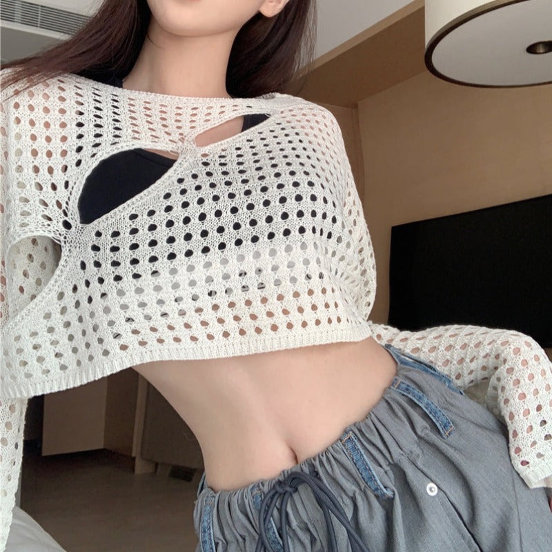 Open Knit Crop Top with Cutouts - nightcity clothing