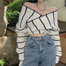 Criss-Cross Off Shoulder Striped Knit Top - nightcity clothing