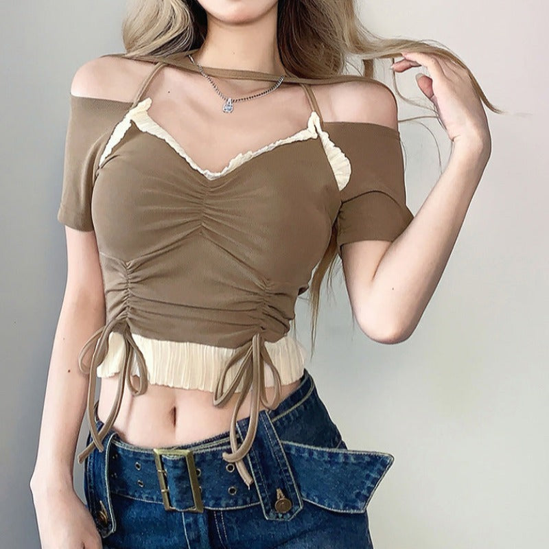 Ruched Ruffle Halter Crop Top - nightcity clothing