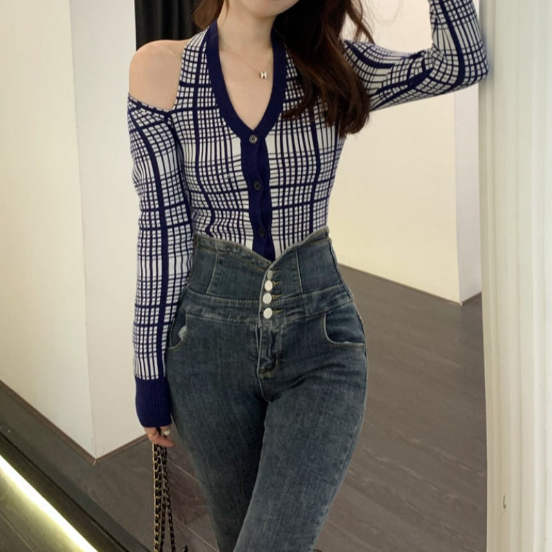Plaid Cold Shoulder Long Sleeve Halter Top - nightcity clothing