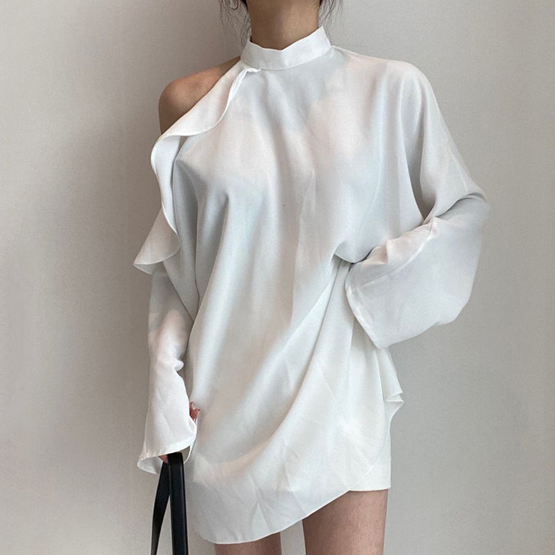 Asymmetric Ruffle Cold Shoulder with Belt Long Sleeve Top - nightcity clothing