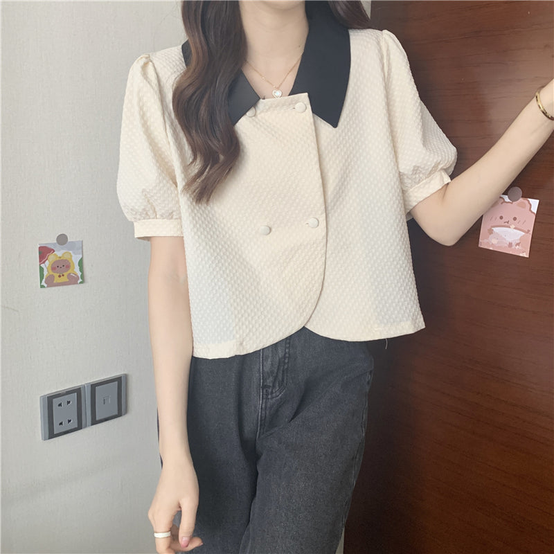Textured Doll Collar Puff Sleeve Top - nightcity clothing