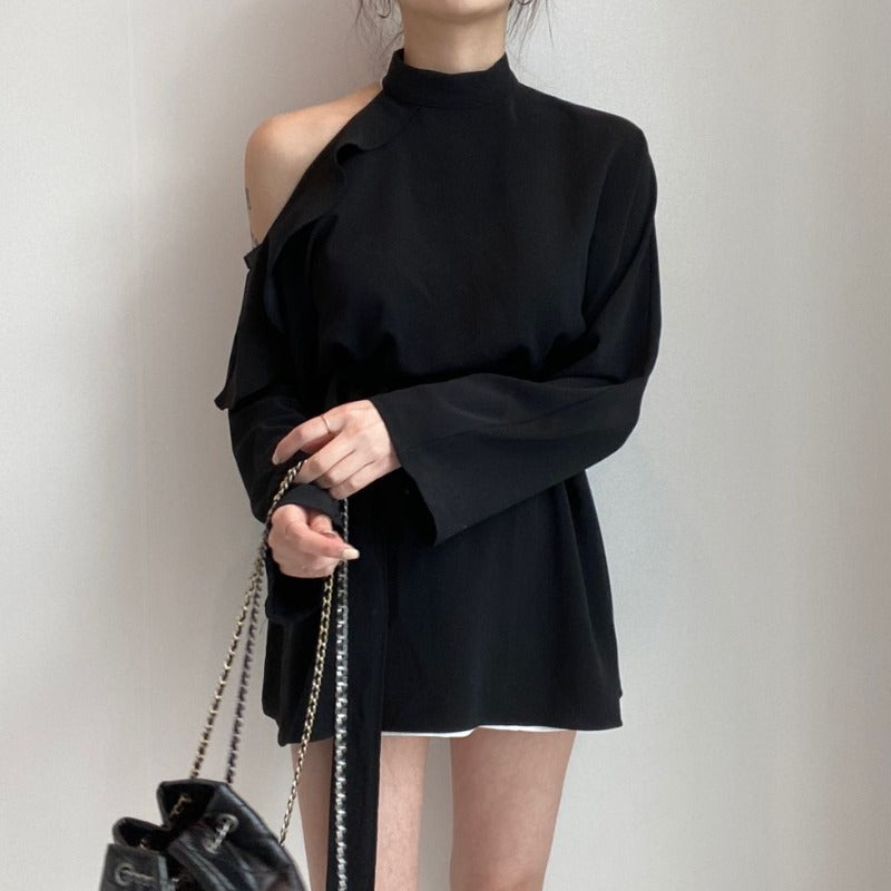 Asymmetric Ruffle Cold Shoulder with Belt Long Sleeve Top - nightcity clothing