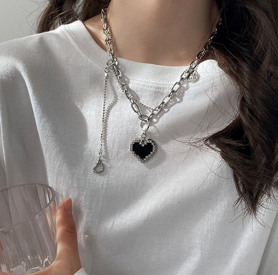Studded Heart Pendant Double Layer Chain Necklace - nightcity clothing