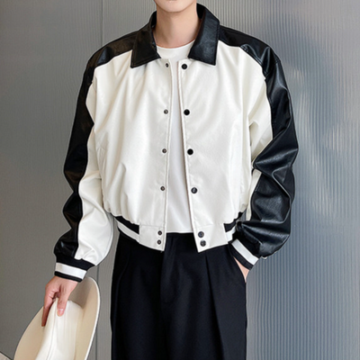 Color Block Faux Leather Collared Flight Jacket