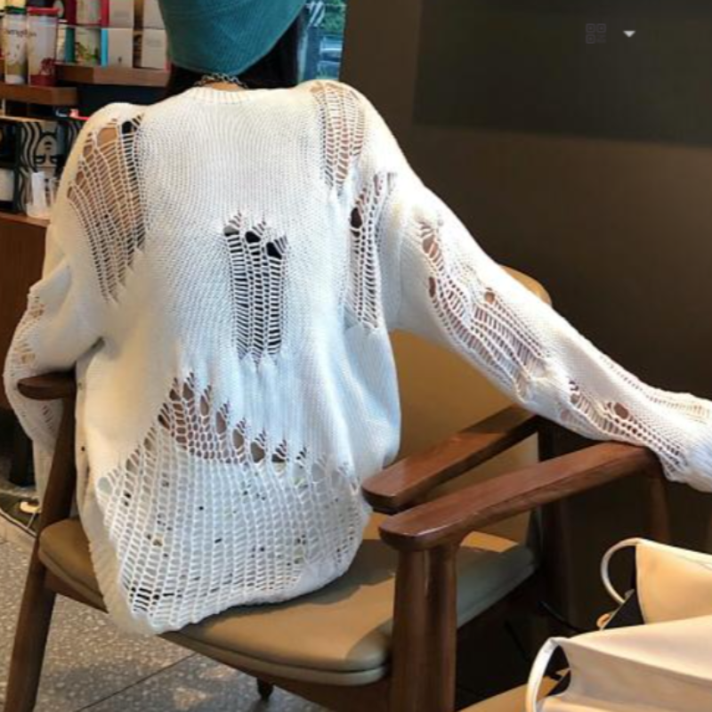 Oversized Distressed Cutout Crochet Sweatshirt - nightcity clothing
