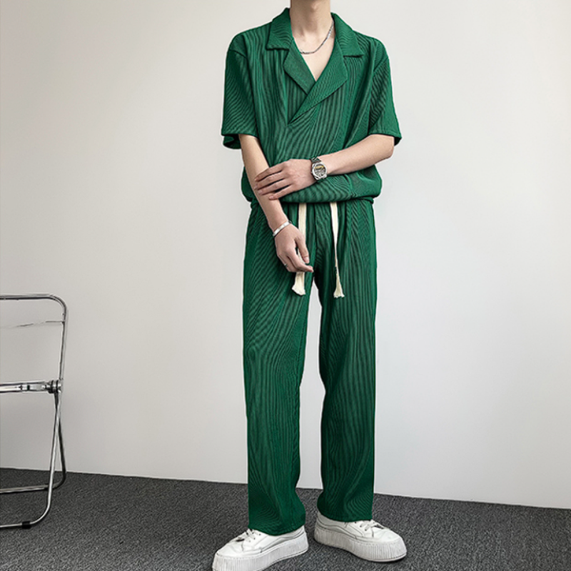 Overlap Ribbed Short Sleeve Shirt and Lightweight Drawstring Ribbed Pants Two-Piece Set - nightcity clothing