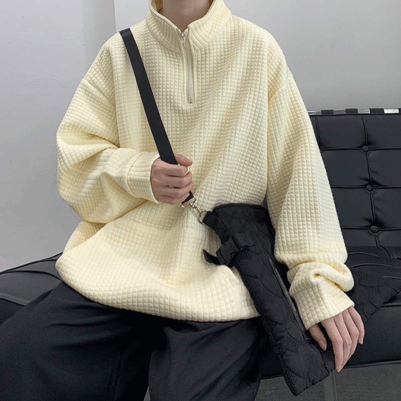 High-Neck Waffle Textured Pullover - nightcity clothing