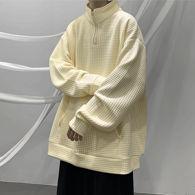 High-Neck Waffle Textured Pullover - nightcity clothing