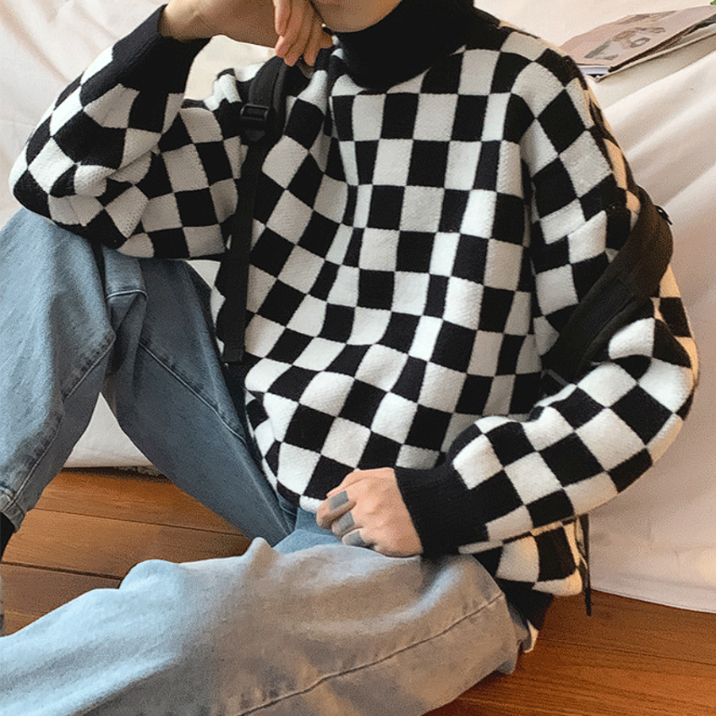 Oversized Checkerboard Turtleneck Sweater - nightcity clothing