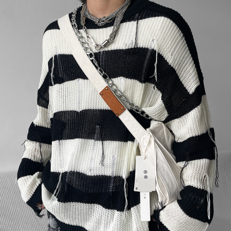 Distressed Stripe Knit Sweater - nightcity clothing