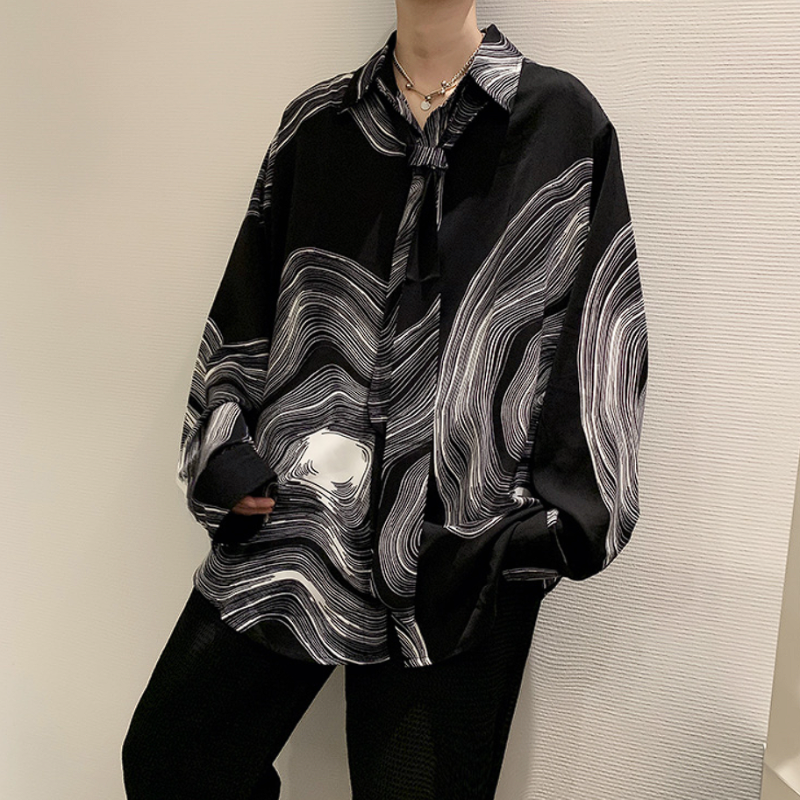 Oversized Lightweight Abstract Print Long Sleeve Shirt with Neck Tie - nightcity clothing