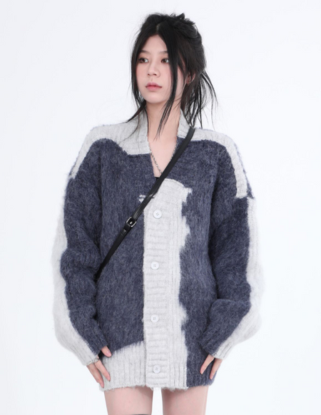 Color Block Fuzzy Knit Cardigan