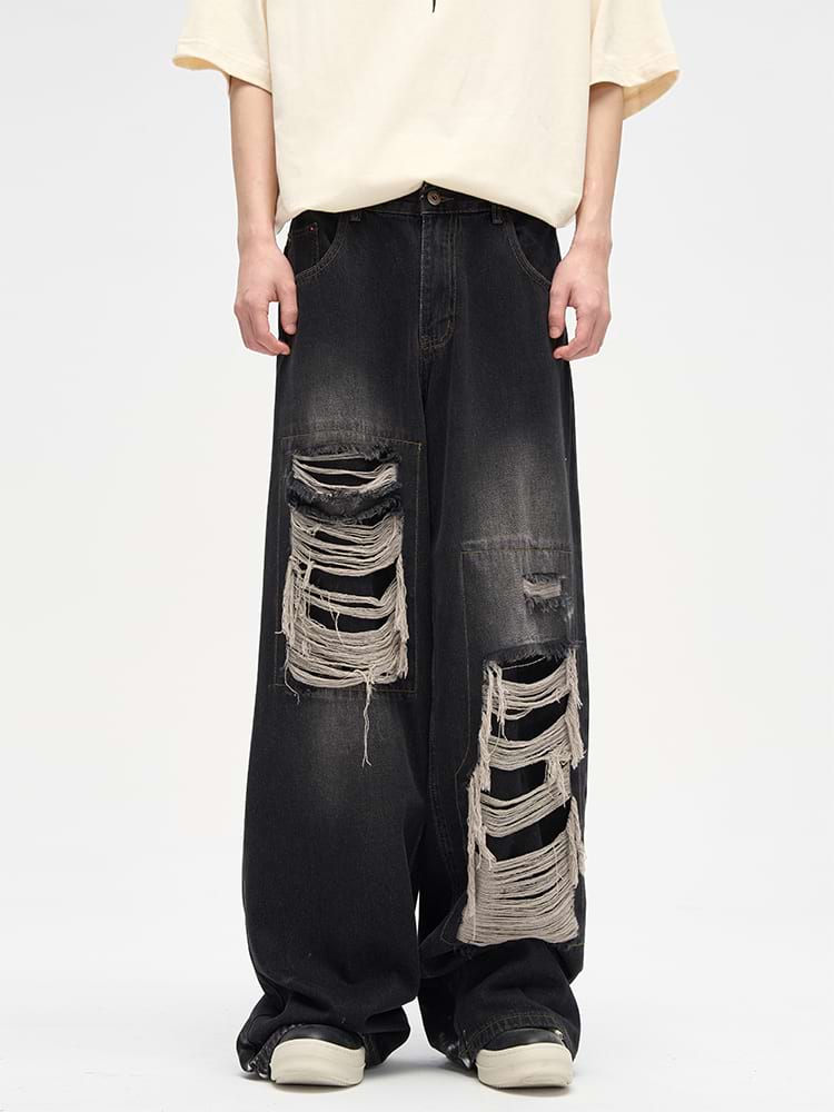 Faded Distressed Patchwork Jeans