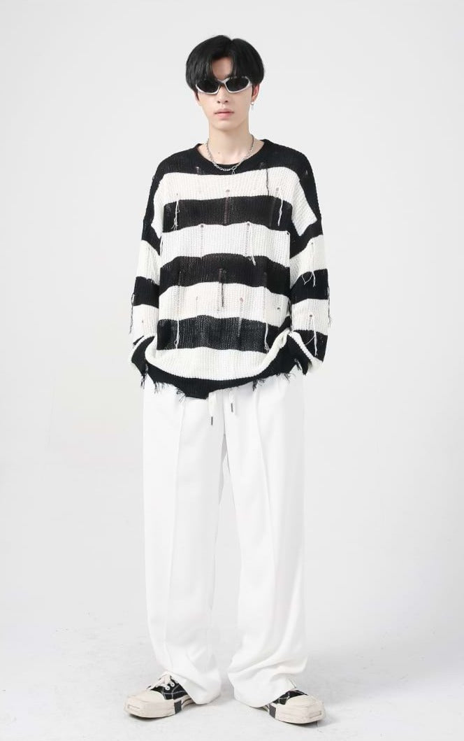 Distressed Tassel Stripe Knit Sweater - nightcity clothing