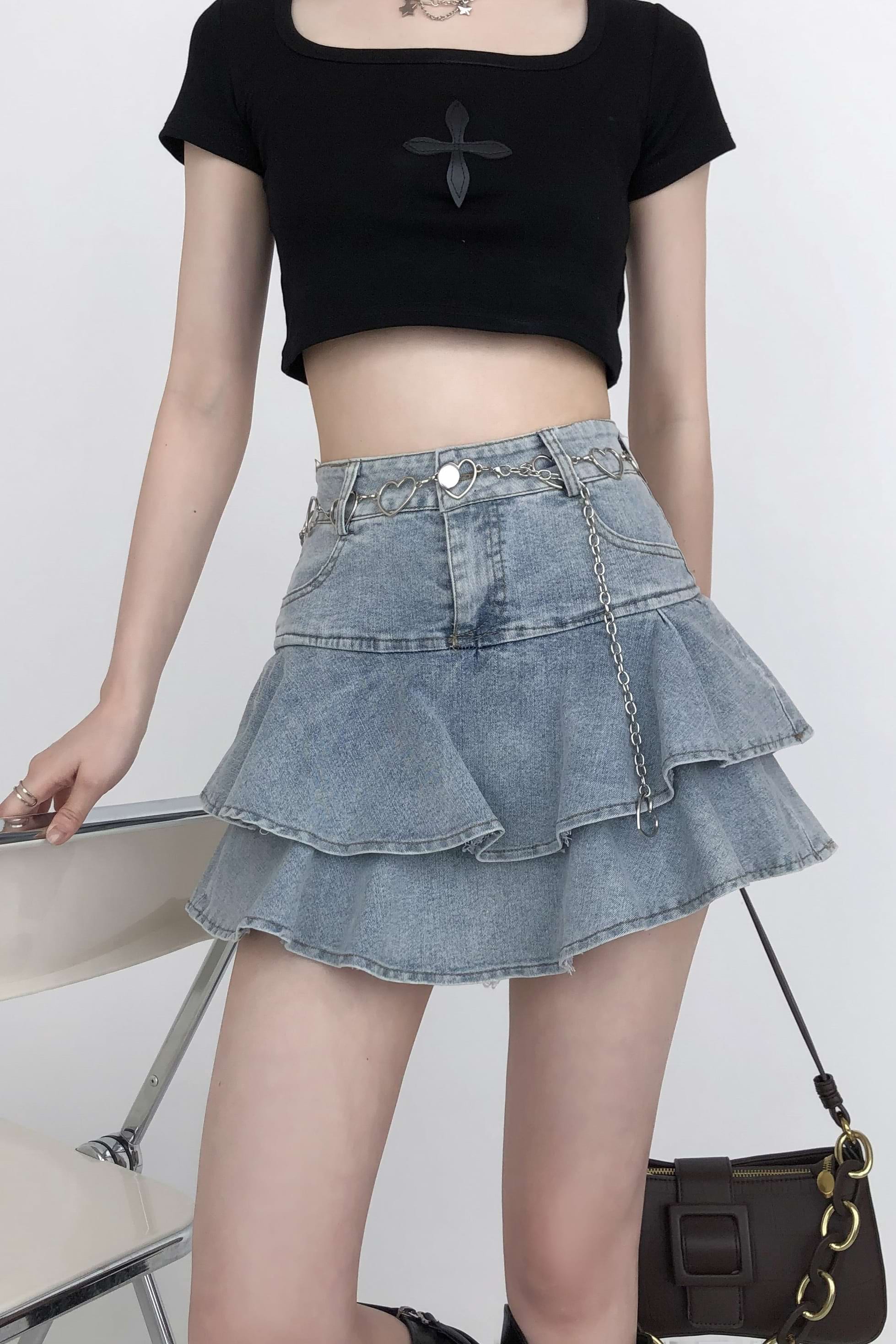 Tiered Pleated Denim Mini Skirt