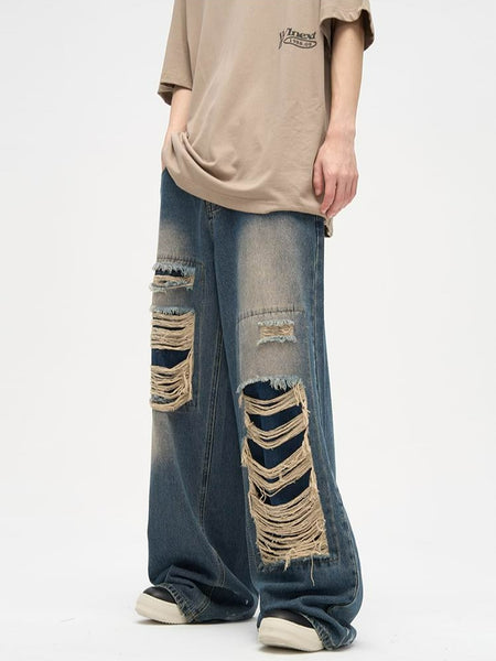 Faded Distressed Patchwork Jeans - nightcity clothing