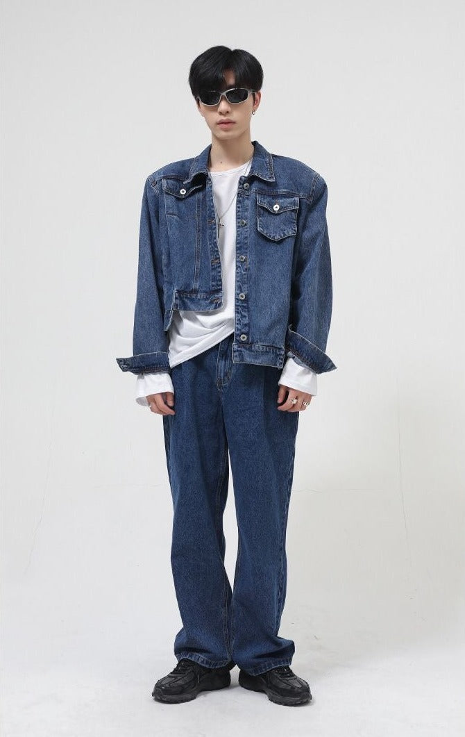 Asymmetric Denim Jacket with Shoulder Pads - nightcity clothing