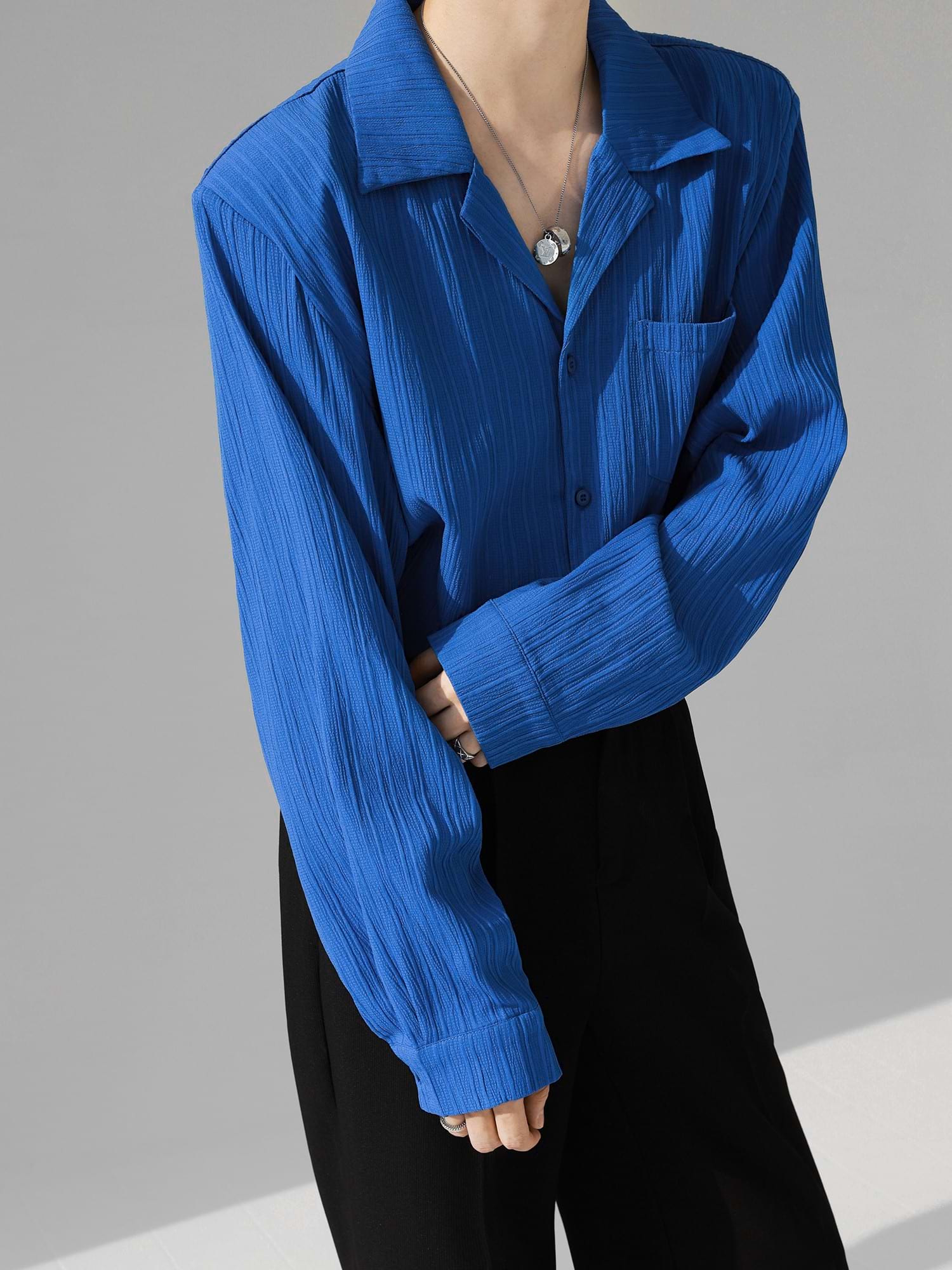 Textured Long Sleeve Button Shirt with Shoulder Pads