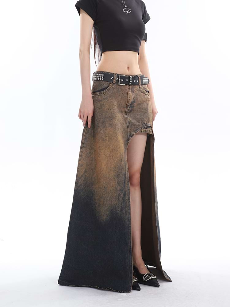 Sandblast High-Low Denim Midi Skirt