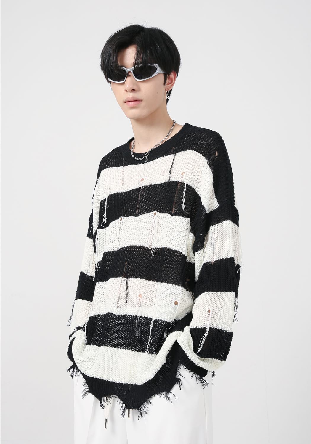 Distressed Tassel Stripe Knit Sweater - nightcity clothing