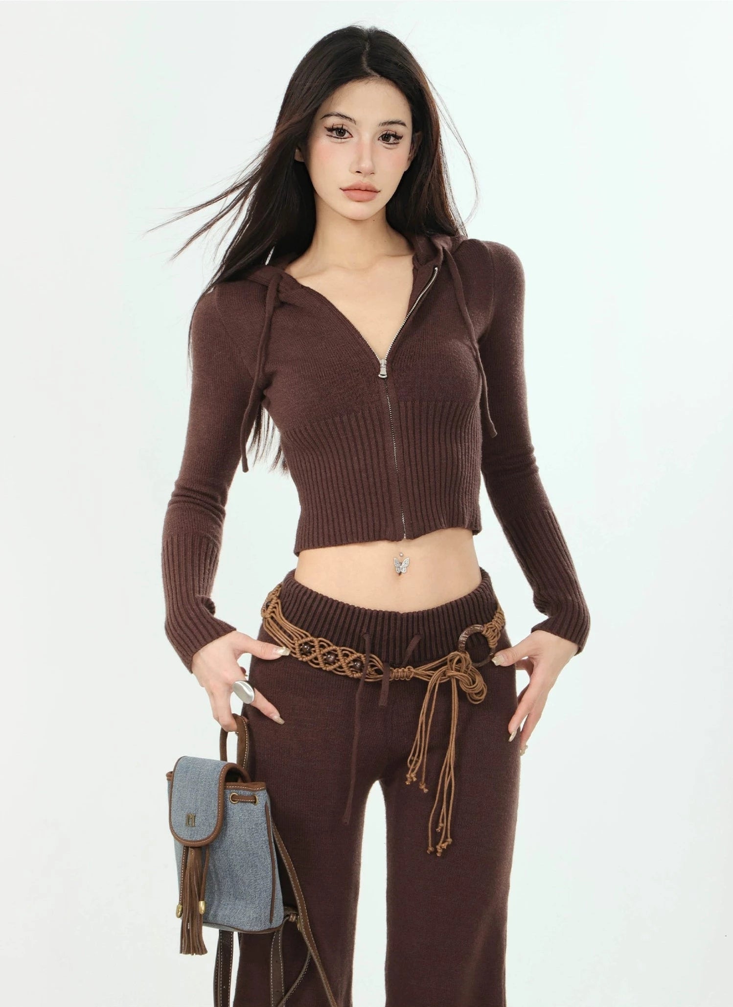 Ribbed Knit Zip-Up Hoodie and Pants Set