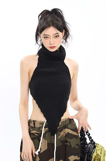 Turtleneck Pointed Hem Ribbed Top