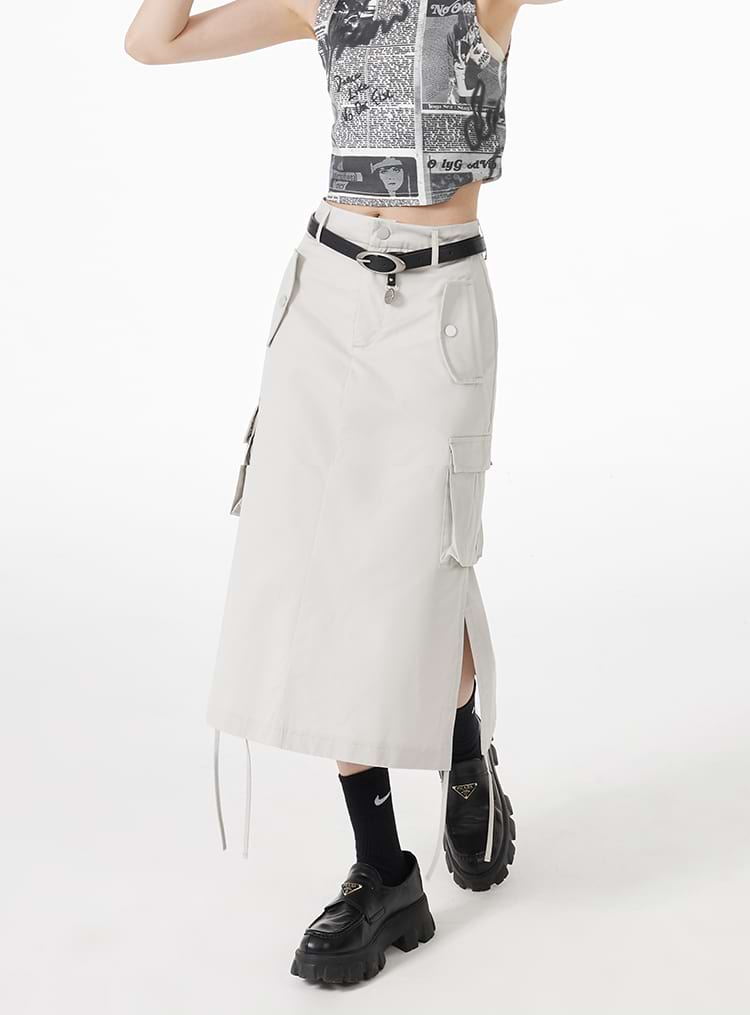 Ruched Side Cargo Midi Skirt