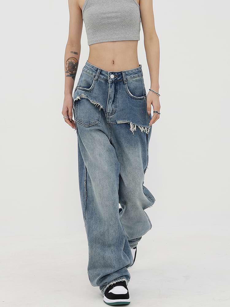 Mock Two-Piece Faded Distressed Jeans