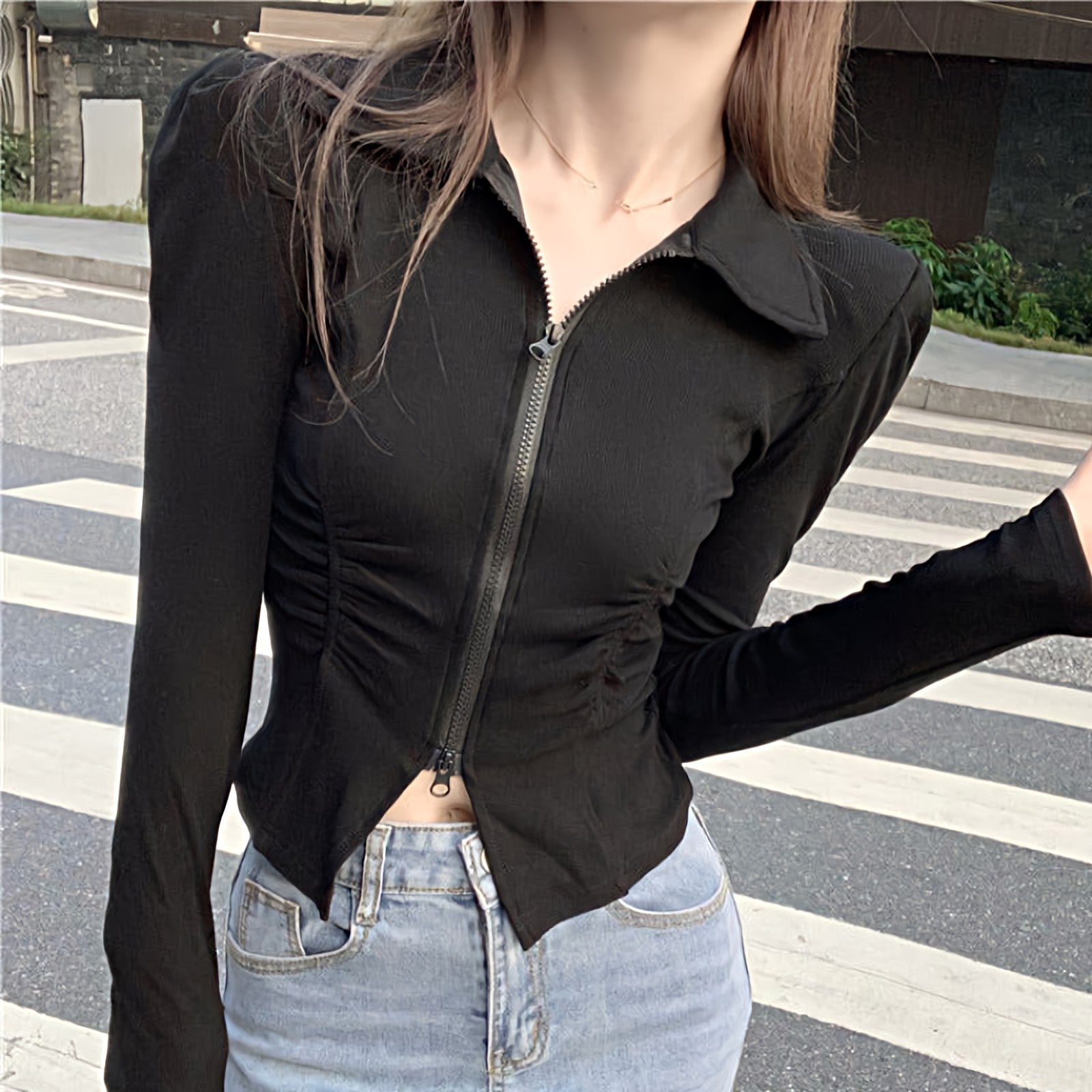 Skinny Ruched Puff Sleeve Zip-Up Collared Top - nightcity clothing