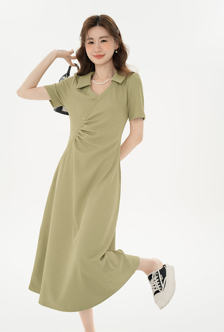 Asymmetric Button Ruched Midi Dress