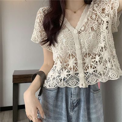 Open Knit Button Top