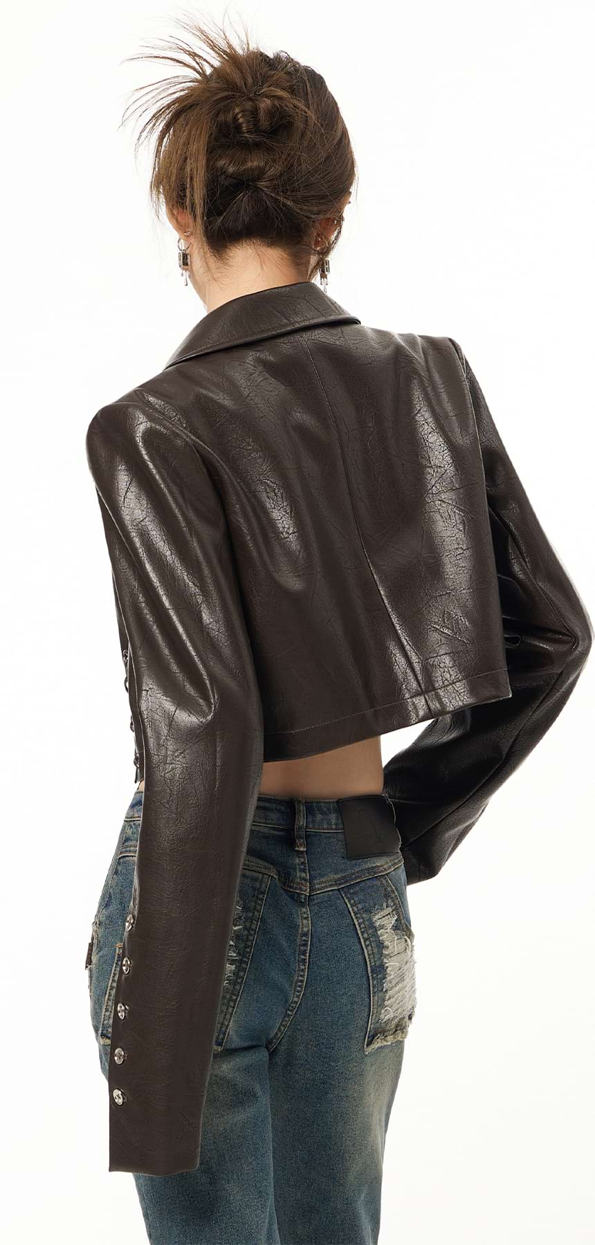 Faux Leather Cropped Jacket with Drawstrings