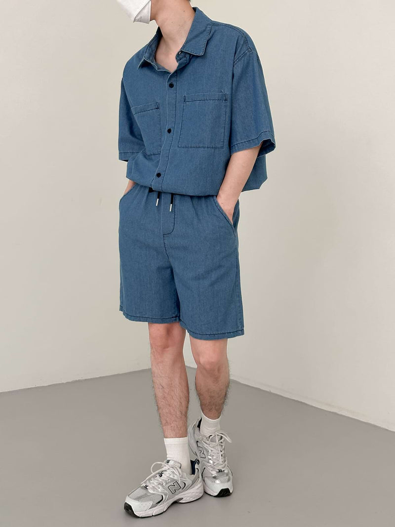 Soft Denim Button Shirt and Elastic Waist Shorts Two-Piece Set